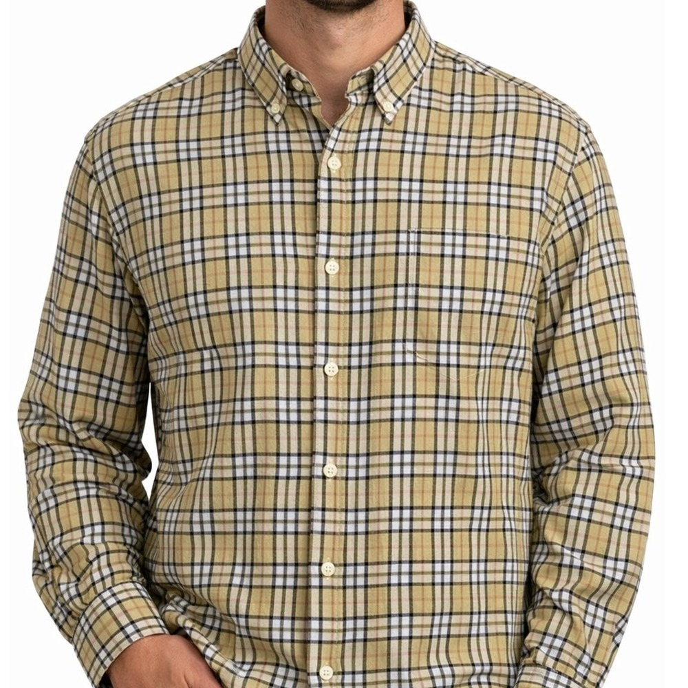 Theory Irving BD Comfort Check Shirt Mens XL Tan Plaid Cotton Button Up Slim Fit